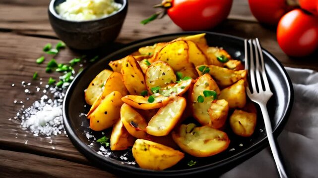  Deliciously seasoned potato wedges on a rustic wooden table