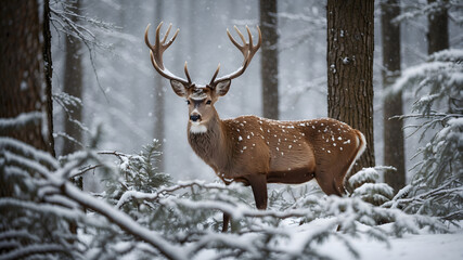 Fototapeta premium Title Majestic Deer in Snowy Forest - Enchanting Wildlife Scene in Winter Wonderland 