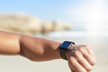 Person, hands and check smart watch for fitness with progress tracker or performance results for workout. Stopwatch, athlete and timer to monitor heart rate, running speed or exercise stats on mockup