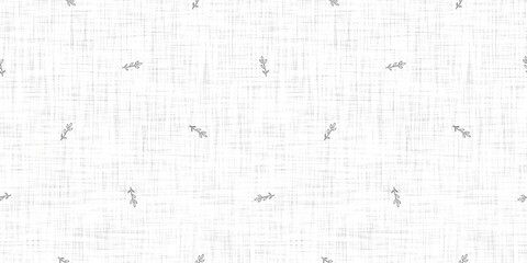 White neutral minimal botanical leaf motif with Linen effect texture for baby nursery seamless background. Modern muted simple soft motif pattern for wallpaper, home decor white gray design. 