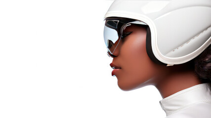 Fashion portrait of a young African American woman in a white motorcycle helmet. Life insurance and protection concept.
