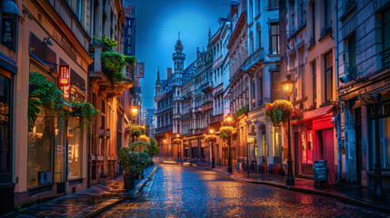 Historic street of Brussels with gothic architecture and cobblestone streets