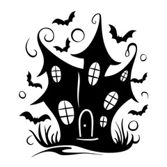 Haunted house silhouette with bats flying around.