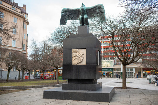 Stockholm, Sweden - February 18, 2023: Aviator Monument (Flygarmonumentet) statue at Karlaplan by Carl Milles