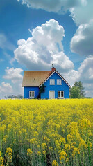 Blue color Wooden farmhouse in the yellow flower field with clouds in the sky