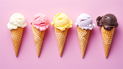 Five assorted flavors of cone ice cream