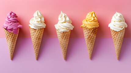 Five assorted flavors of cone ice cream