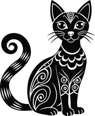 decorative cat illustration black and white. pets, shorthair, tail, red, purebred, british, posing, paw,