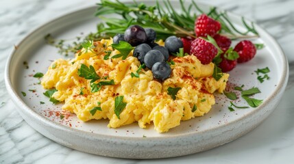 Fluffy Scrambled Eggs with Fresh Herbs and Mixed Berries - Morning Light