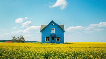 Blue color Wooden farmhouse in the yellow flower field with clouds in the sky