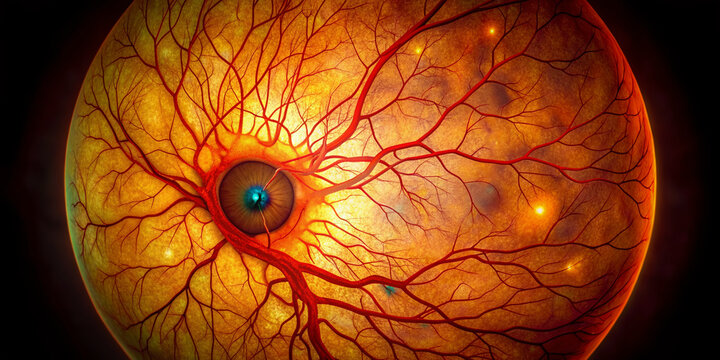 Microscopic illustration of retinal blood vessels showing diabetic retinopathy symptoms, including microaneurysms, hemorrhages, and exudates, highlighting ophthalmoscopic diagnosis importance.