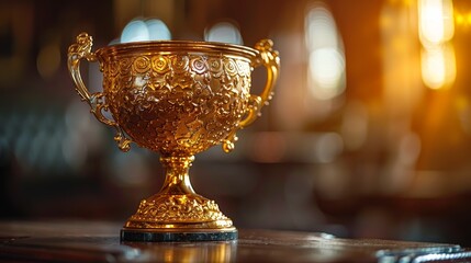 Sport and cup award theme. Golden trophy background for champion. Success and achievement concept.