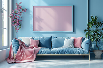 Blue tone interior desing of living room, frame mockup - Generative AI