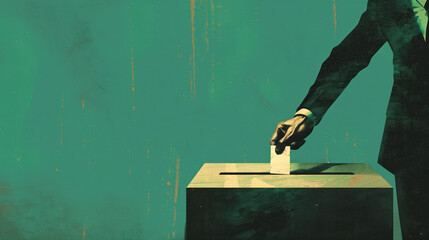  hand placing a card of man wearing suit into the voting box