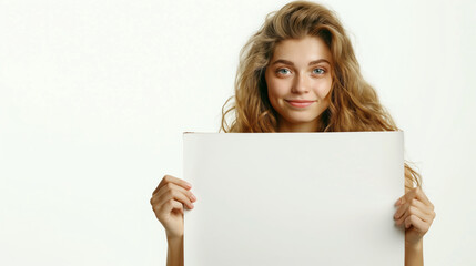 Fototapeta premium happy beautiful girl holding a blank billboard