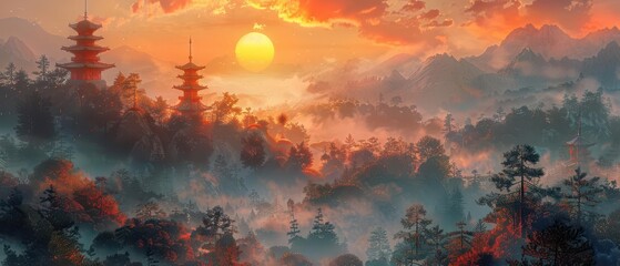 A serene depiction of a sunlit mountain range in Asia