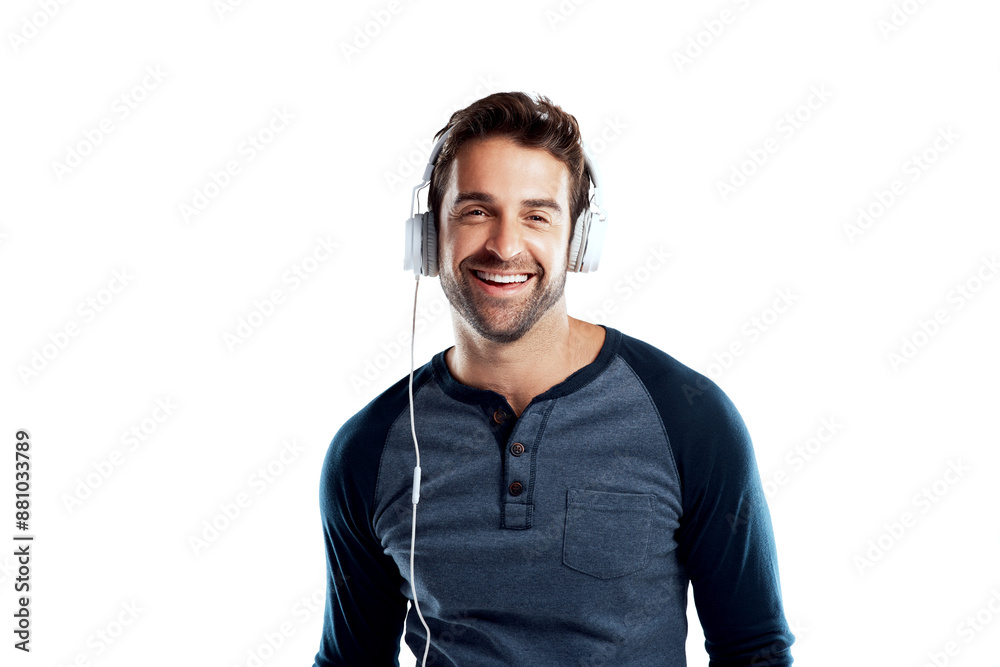 Poster man, happy and headphones for audio in studio on white background for playlist and streaming platfor