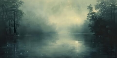 Naklejka premium An atmospheric depiction of a secluded lake surrounded by dense fog and trees