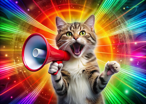 Adorable cat grasping a bright red loudspeaker, mouth open in a ridiculous, ear-piercing scream, surrounded by colorful background and blaring sound wave graphics.