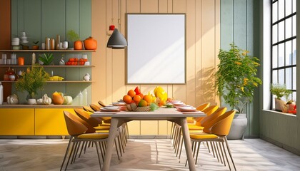 mock up poster frame in modern interior background, dinning room