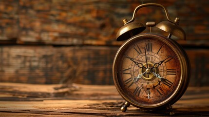 Vintage clock on a rustic wooden table, soft lighting, cozy background