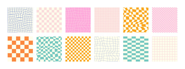 Set of funky groovy backgrounds vector design. Cool abstract colorful patterns. Y2K aesthetic, flat design, 1970 trippy grid, wavy swirl poster collection in bright colors.