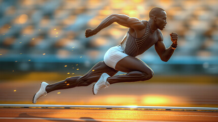 Muscular African man sprinting on track at sunset, athletic training, fitness and health, outdoor exercise, active lifestyle
