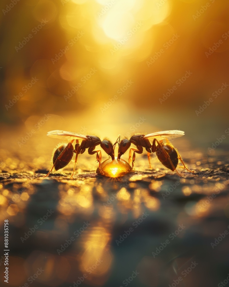 Canvas Prints Two ants drinking from a droplet of water. AI.