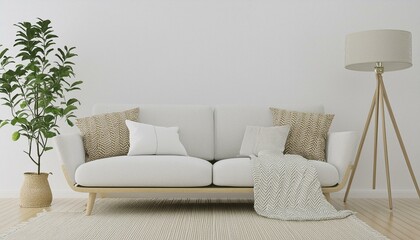 Scandinavian style livingroom with fabric sofa, pillows, plaid, lamp and green plant in vase on white wall background. 3d rendering. 