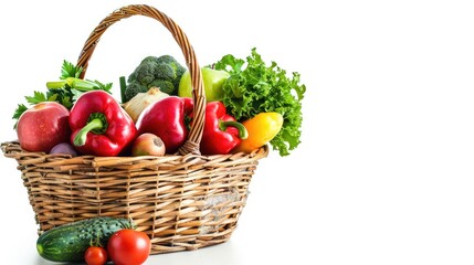 Fresh produce in basket on white backdrop with room for text