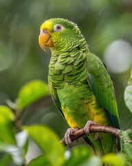 A colorful parrot is perched on a branch in the rain. AI.