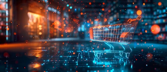 Obraz premium E-Commerce Digital Background: Blue to Silver Gradient with Pixelated Shopping Carts and Digital Particles