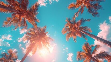 View from below of a blue sky and palm trees, vintage style, tropical beach and summer background, travel concept