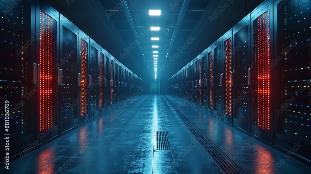 Poster image of a modern datacenter with multiple rows of fully functional server racks. concepts such as m