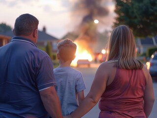 Naklejka premium Family watching a car on fire. AI.