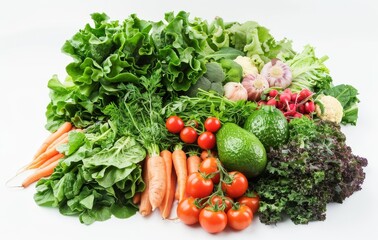 variety of fresh vegetables, including carrots and tomatoes, arranged neatly on white background