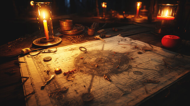 Old treasure map with burning candles.Generative ai.