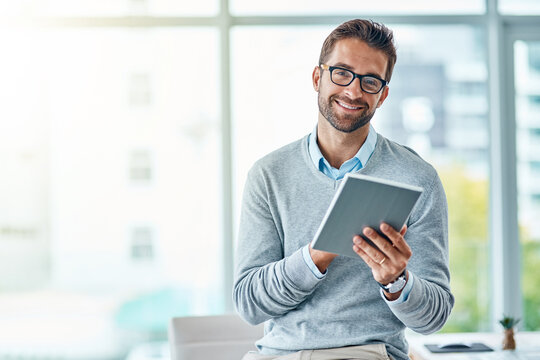 Portrait, glasses and man with tablet, office and smile for schedule in morning, online and accountant. Vision, bookkeeper and person in business for financial records of company, digital and happy