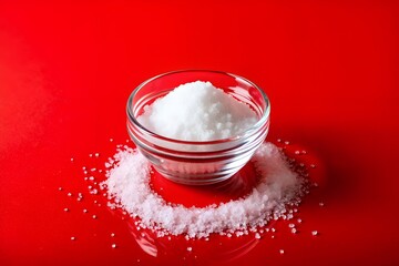 salt on clear glass bolw isolated on red background