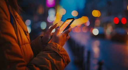 Closeup of a hand pointing to the screen of a phone, a person typing text message, a hipster swiping a blue line on the screen of their smartphone in the night, a girl using her mobile phone in her