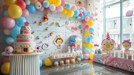 glossy laminate floor and a wall covered in whimsical children's birthday decorations with balloons, cartoon characters, and a cake, perfect for showcasing kids' birthday products. 