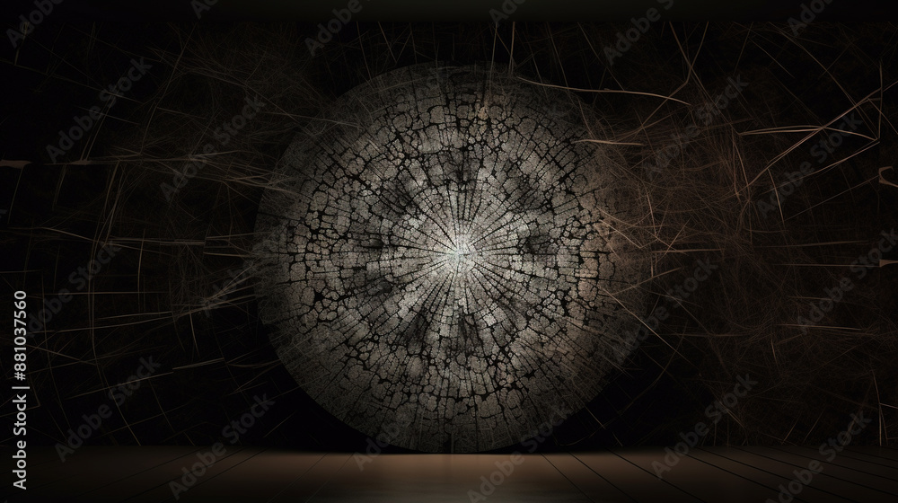 Aufkleber Abstract dark background with light fractal ornament of moody web and particles.