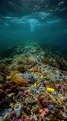 A coral reef covered in plastic trash. AI.