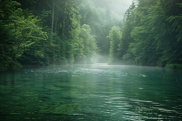 Serene Misty River Surrounded by Lush Green Forest