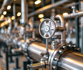 Close-up of a valve on a large industrial pipeline. AI.
