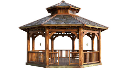 Wooden Octagonal Gazebo With Shingle Roof and Lattice Detail isolated on transparent background