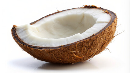 A half coconut shell with white flesh is shown against a white background