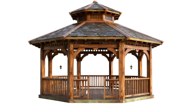 Wooden Octagonal Gazebo With Shingle Roof and Lattice Detail isolated on transparent background