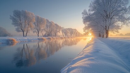Winter wonderland, snow-covered landscape, frosted trees, peaceful scene, icy river, soft morning light, tranquil environment