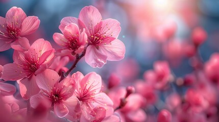 Spring cherry blossom, pink flowers in full bloom, tranquil park, gentle breeze, blue sky, sunlight filtering through branches